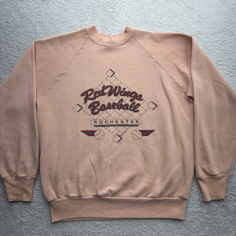 Vintage 1984 Miller Rochester Red Wings Baseball Sweatshirt Mens Large Pink USA